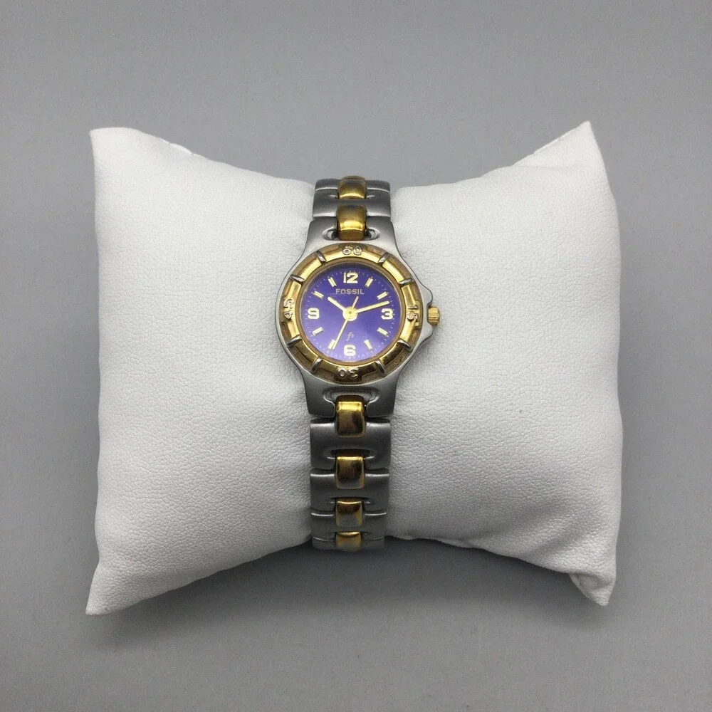 Fossil F2 ES-9194 Womens Watch 22mm Purple Dial Two Tone New Battery 6.25